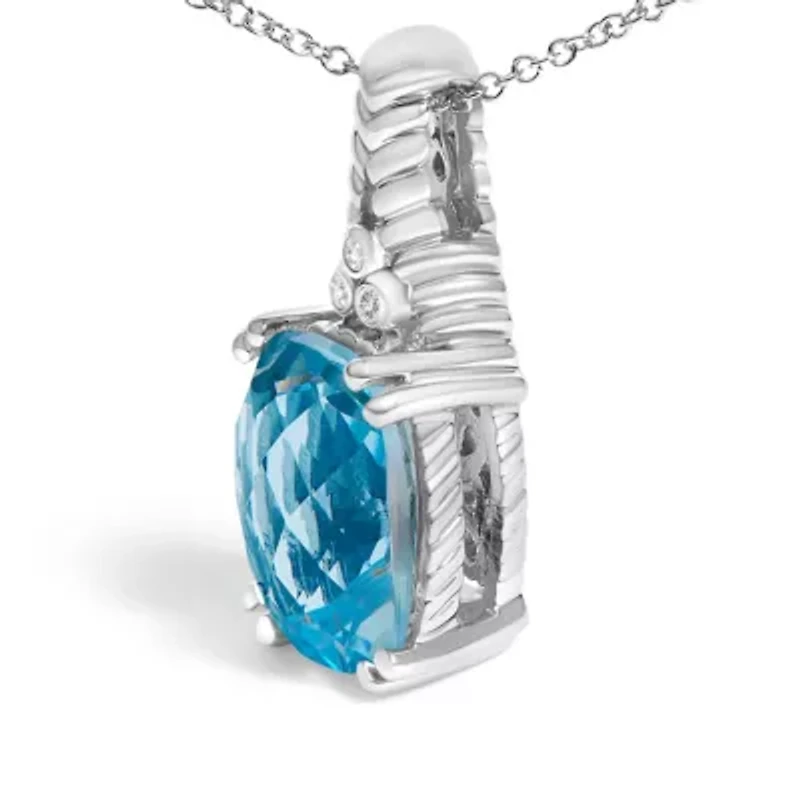 Silver Blue Topaz and Diamond Accent Textured Pendant Necklace - 18" Inches