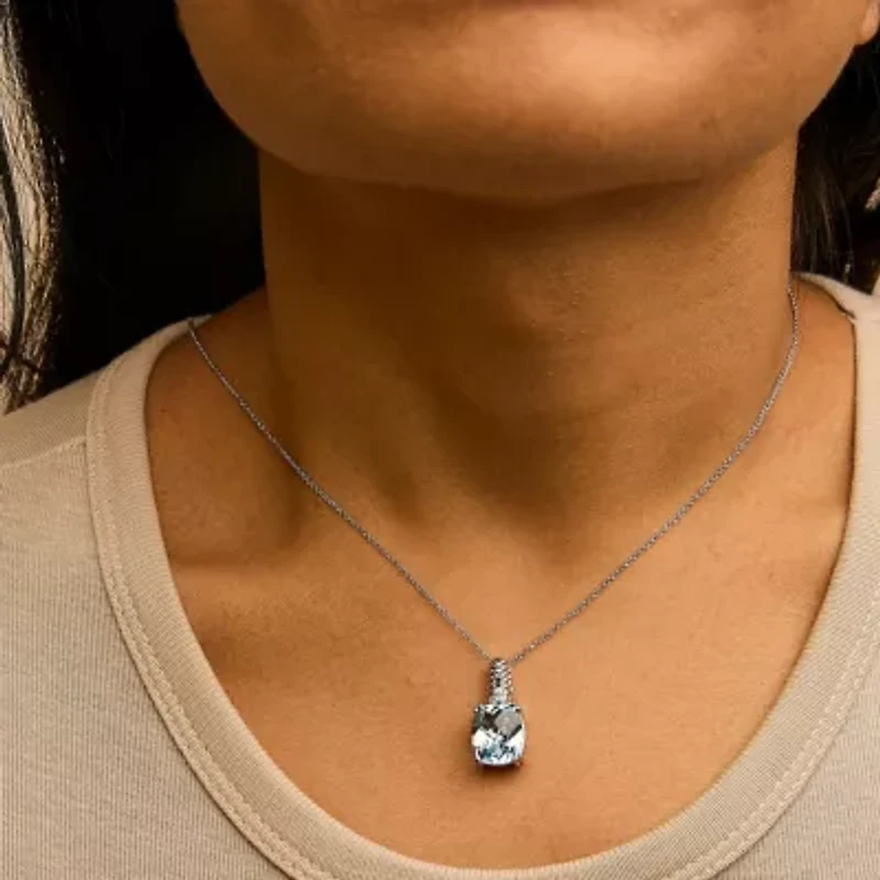Silver Blue Topaz and Diamond Accent Textured Pendant Necklace - 18" Inches