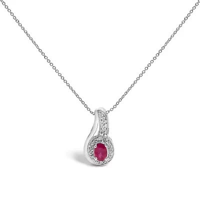 Silver Red Ruby and Diamond Accent Milgrain Swirl Pendant Necklace - 18" Inches