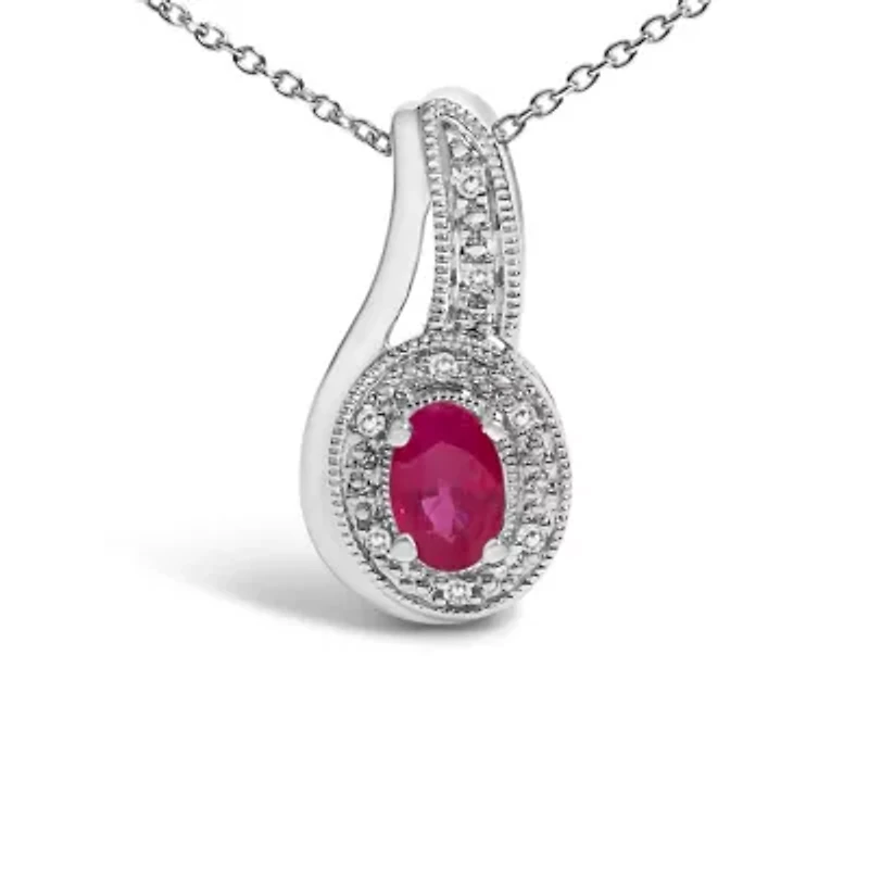 Silver Red Ruby and Diamond Accent Milgrain Swirl Pendant Necklace - 18" Inches