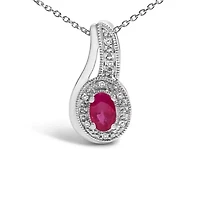 Silver Red Ruby and Diamond Accent Milgrain Swirl Pendant Necklace - 18" Inches