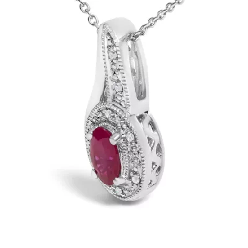 Silver Red Ruby and Diamond Accent Milgrain Swirl Pendant Necklace - 18" Inches