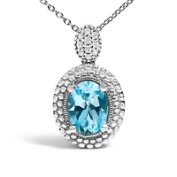 Silver Oval Blue Topaz and Diamond Accent with Beaded Halo Pendant Necklace