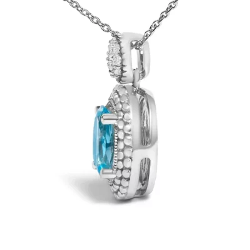 Silver Oval Blue Topaz and Diamond Accent with Beaded Halo Pendant Necklace