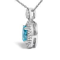 Silver Oval Blue Topaz and Diamond Accent with Beaded Halo Pendant Necklace