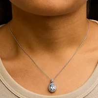 Silver Oval Blue Topaz and Diamond Accent with Beaded Halo Pendant Necklace