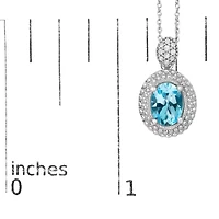 Silver Oval Blue Topaz and Diamond Accent with Beaded Halo Pendant Necklace