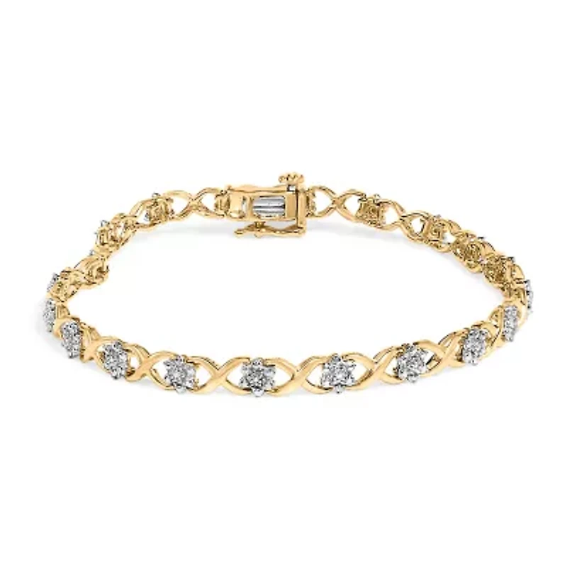10K Yellow Gold over Silver Diamond Accent Cluster and X Link Bracelet