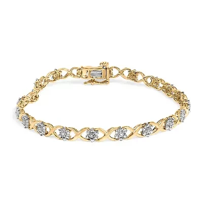 10K Yellow Gold over Silver Diamond Accent Cluster and X Link Bracelet