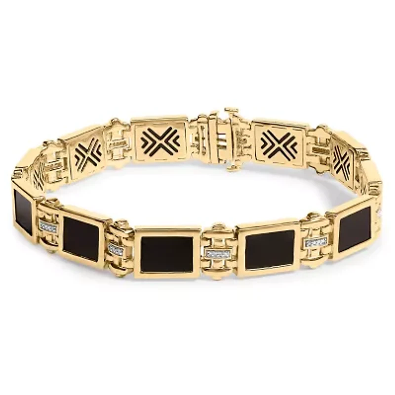 Men's 14K Yellow Gold Over Silver 1/10 Cttw Diamond and Black Onyx Panel Link Bracelet