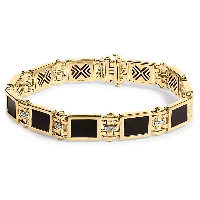 Men's 14K Yellow Gold Over Silver 1/10 Cttw Diamond and Black Onyx Panel Link Bracelet