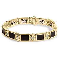 Men's 14K Yellow Gold Over Silver 1/10 Cttw Diamond and Black Onyx Panel Link Bracelet