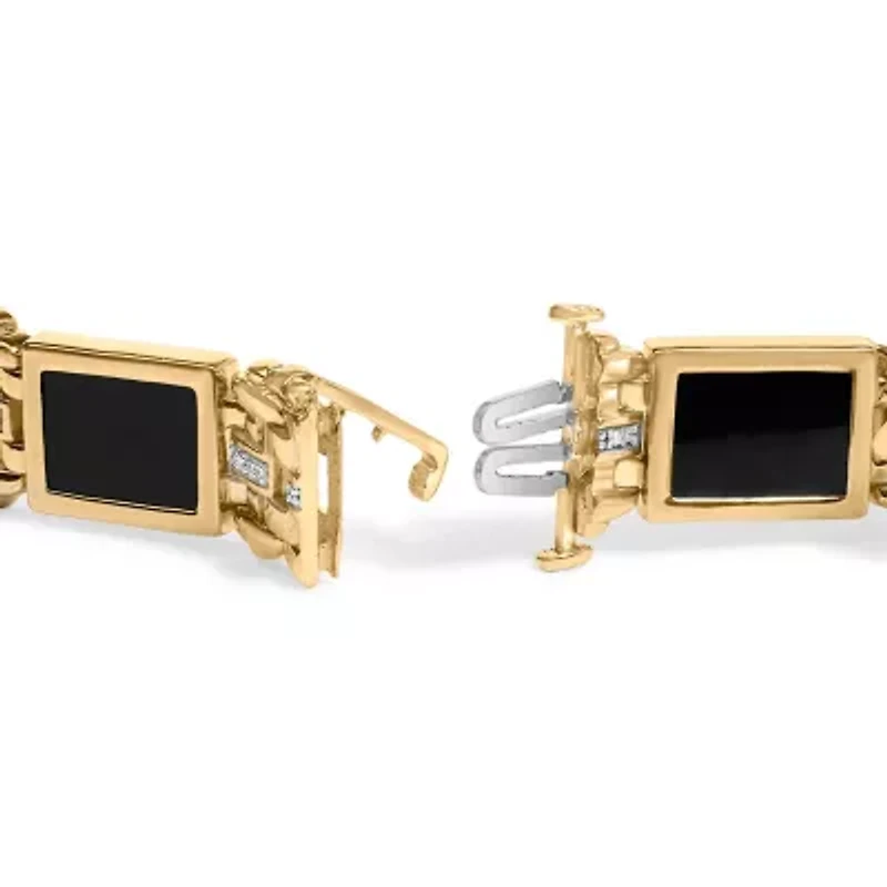Men's 14K Yellow Gold Over Silver 1/10 Cttw Diamond and Black Onyx Panel Link Bracelet