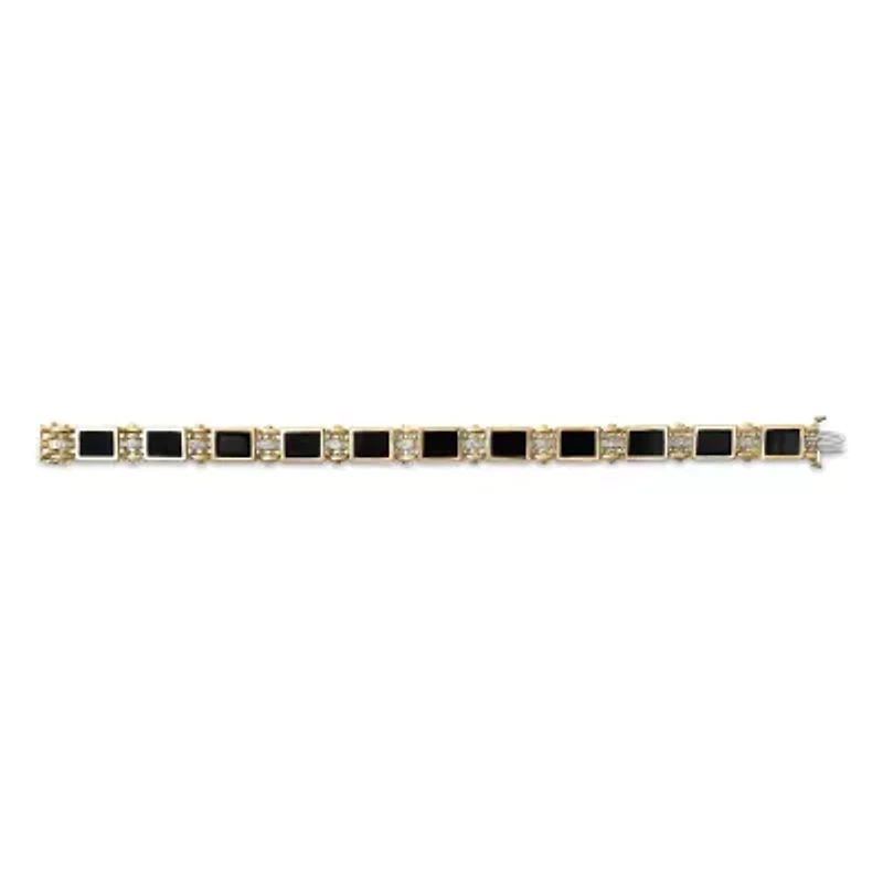 Men's 14K Yellow Gold Over Silver 1/10 Cttw Diamond and Black Onyx Panel Link Bracelet