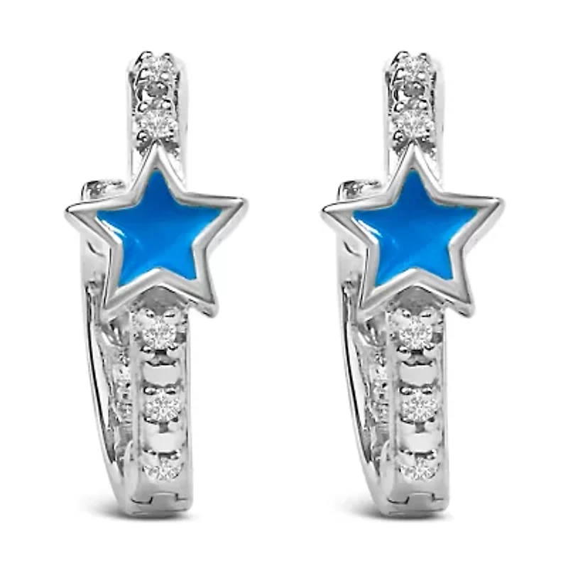 Silver Diamond Accent and Blue Enamel Star Hoop Earrings