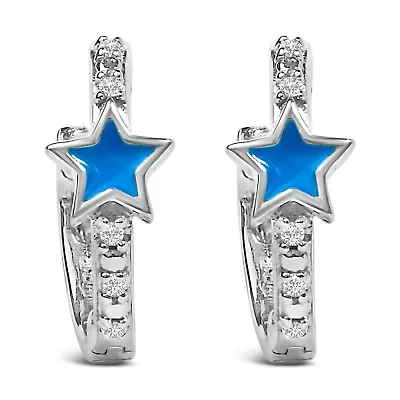 Silver Diamond Accent and Blue Enamel Star Hoop Earrings