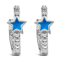 Silver Diamond Accent and Blue Enamel Star Hoop Earrings