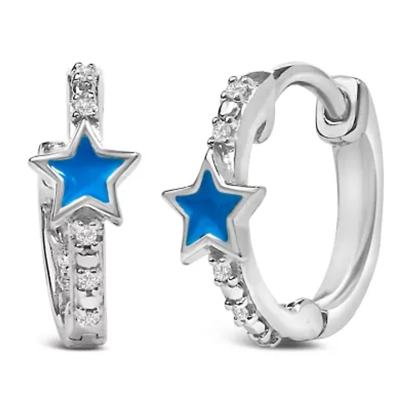 Silver Diamond Accent and Blue Enamel Star Hoop Earrings