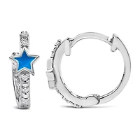 Silver Diamond Accent and Blue Enamel Star Hoop Earrings