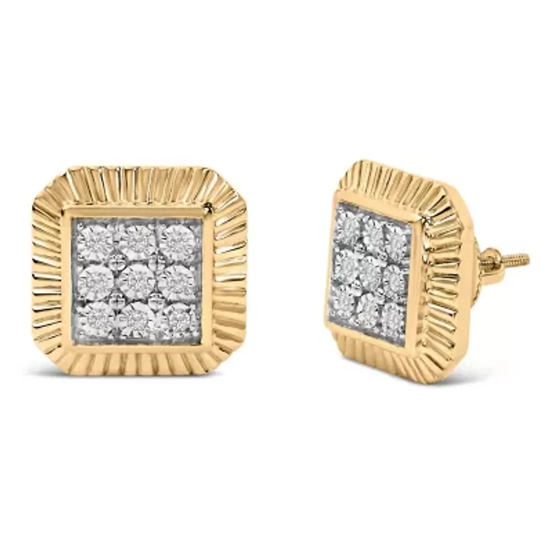 10K Yellow Gold Plated .925 Sterling Silver 1/6 Cttw Diamond Textured Halo Stud Earrings