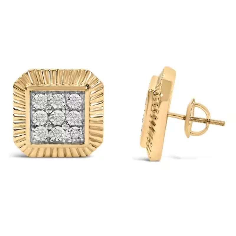 10K Yellow Gold Plated .925 Sterling Silver 1/6 Cttw Diamond Textured Halo Stud Earrings