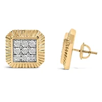 10K Yellow Gold Plated .925 Sterling Silver 1/6 Cttw Diamond Textured Halo Stud Earrings
