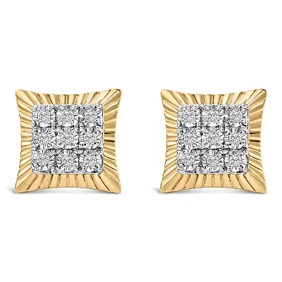 10K Yellow Gold Plated .925 Sterling Silver 1/4 Cttw Diamond Textured Halo Stud Earrings