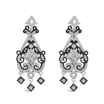 Black Rhodium and Silver 3/4 Cttw Diamond Chandelier Earrings