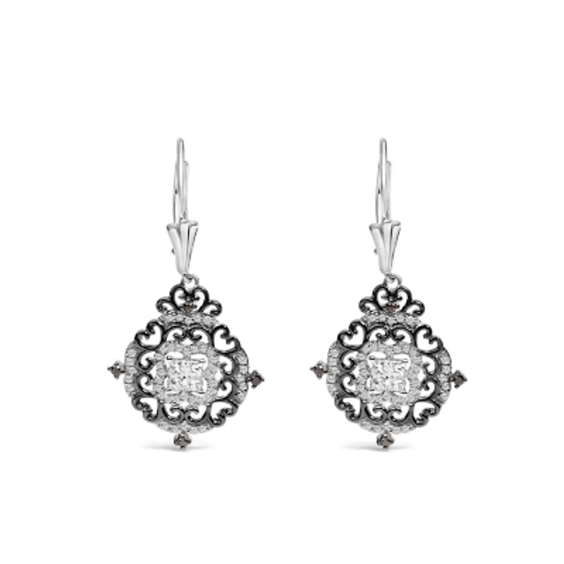Black Rhodium and Silver 3/4 Cttw Diamond Medallion Drop Earrings