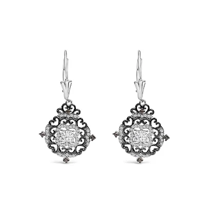 Black Rhodium and Silver 3/4 Cttw Diamond Medallion Drop Earrings