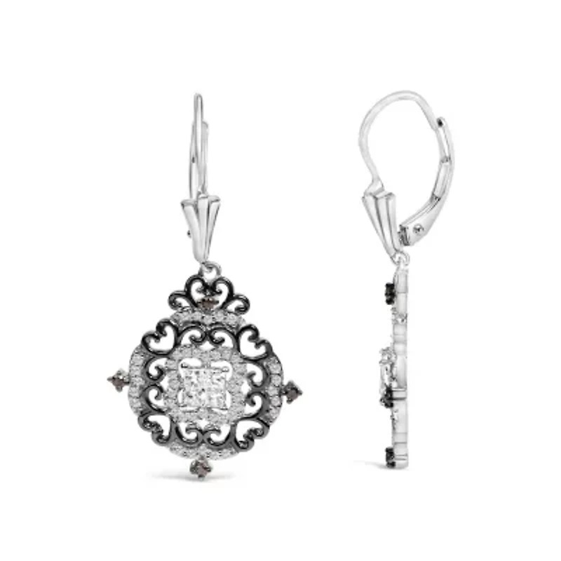 Black Rhodium and Silver 3/4 Cttw Diamond Medallion Drop Earrings