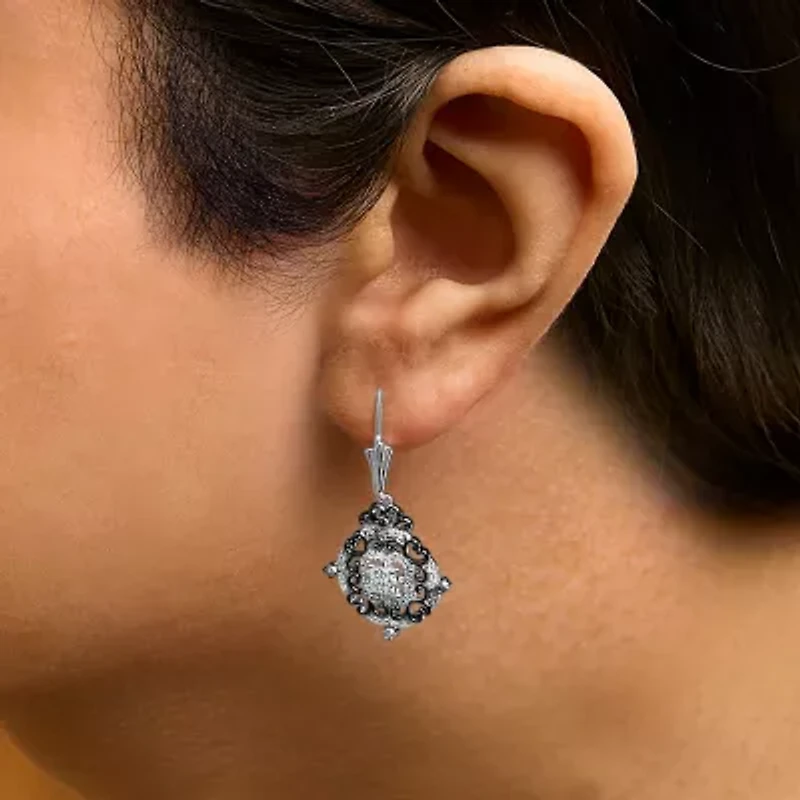Black Rhodium and Silver 3/4 Cttw Diamond Medallion Drop Earrings