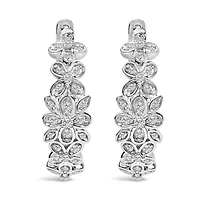 Silver 1/2 Cttw Diamond Floral Motif Hoop Earrings