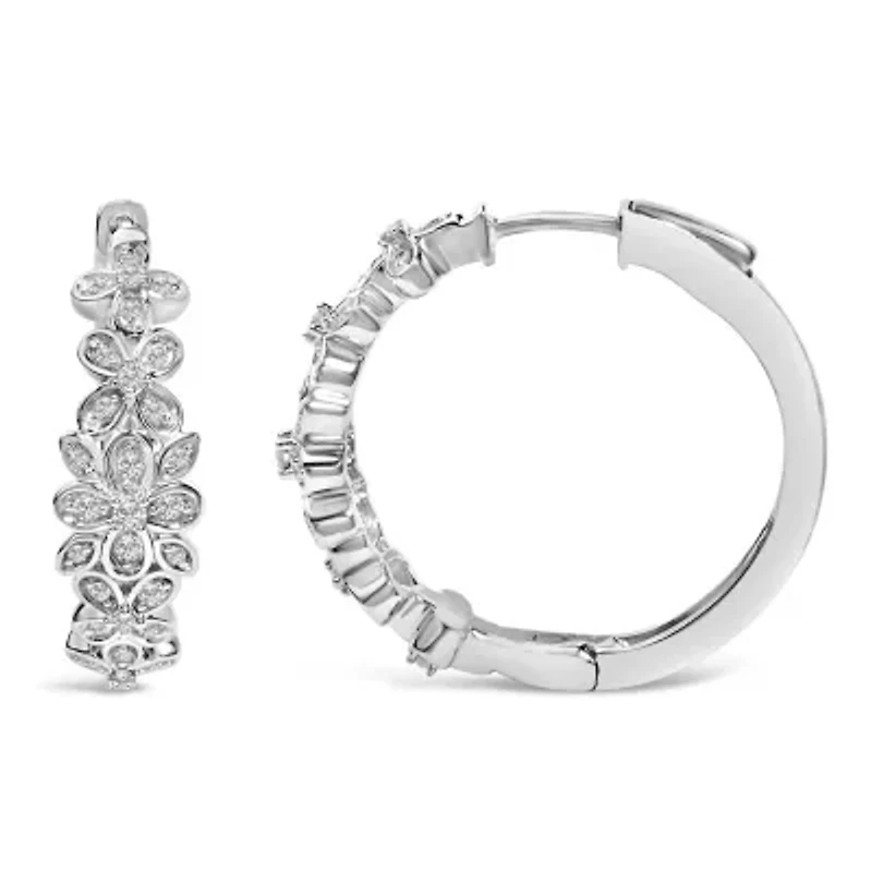 Silver 1/2 Cttw Diamond Floral Motif Hoop Earrings