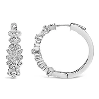 Silver 1/2 Cttw Diamond Floral Motif Hoop Earrings