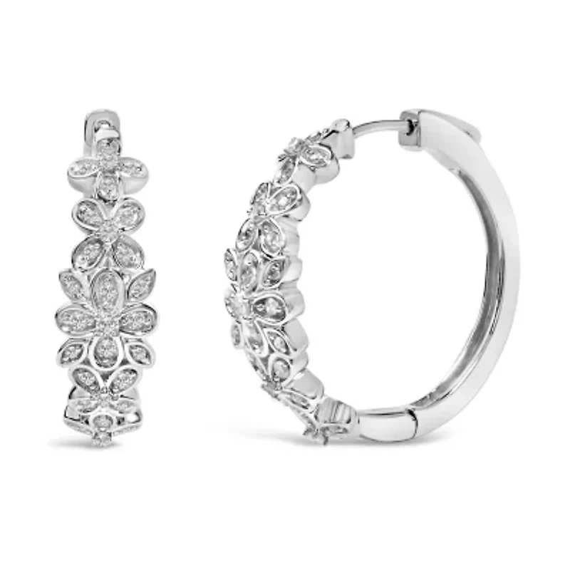 Silver 1/2 Cttw Diamond Floral Motif Hoop Earrings