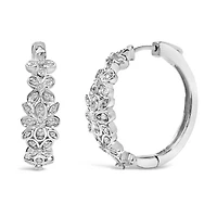 Silver 1/2 Cttw Diamond Floral Motif Hoop Earrings