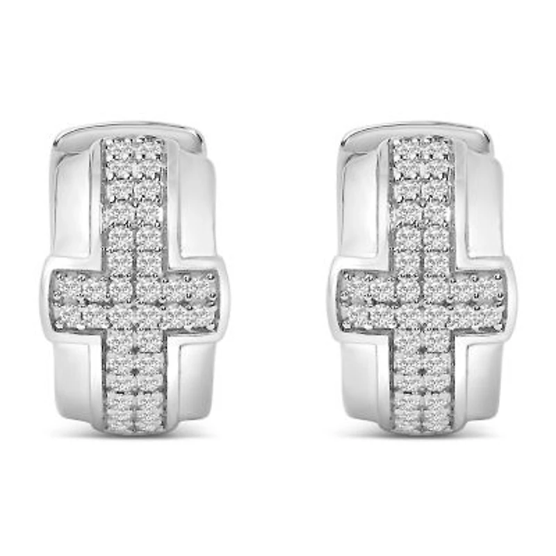Silver 1/2 Cttw Diamond Cross Domed Huggy Hoop Earrings