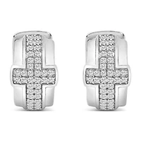 Silver 1/2 Cttw Diamond Cross Domed Huggy Hoop Earrings