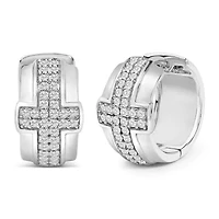 Silver 1/2 Cttw Diamond Cross Domed Huggy Hoop Earrings