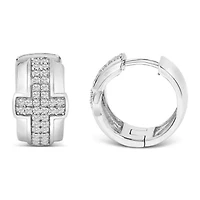 Silver 1/2 Cttw Diamond Cross Domed Huggy Hoop Earrings