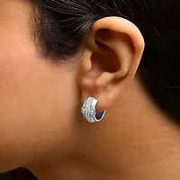 Silver 1/2 Cttw Diamond Cross Domed Huggy Hoop Earrings