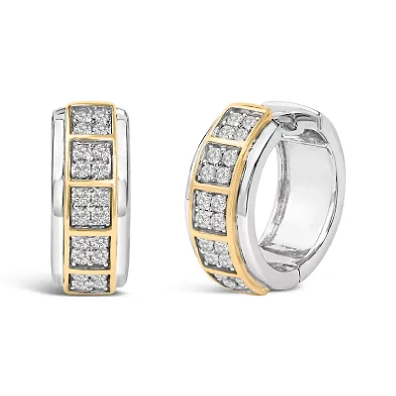 Two Tone Silver 1/2 Cttw Diamond Square Box Huggie Hoop Earrings