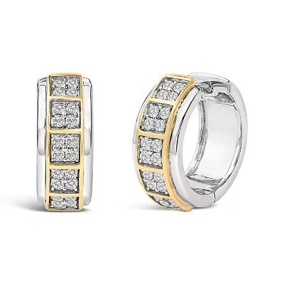 Two Tone Silver 1/2 Cttw Diamond Square Box Huggie Hoop Earrings