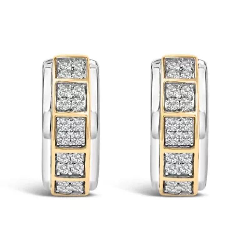 Two Tone Silver 1/2 Cttw Diamond Square Box Huggie Hoop Earrings