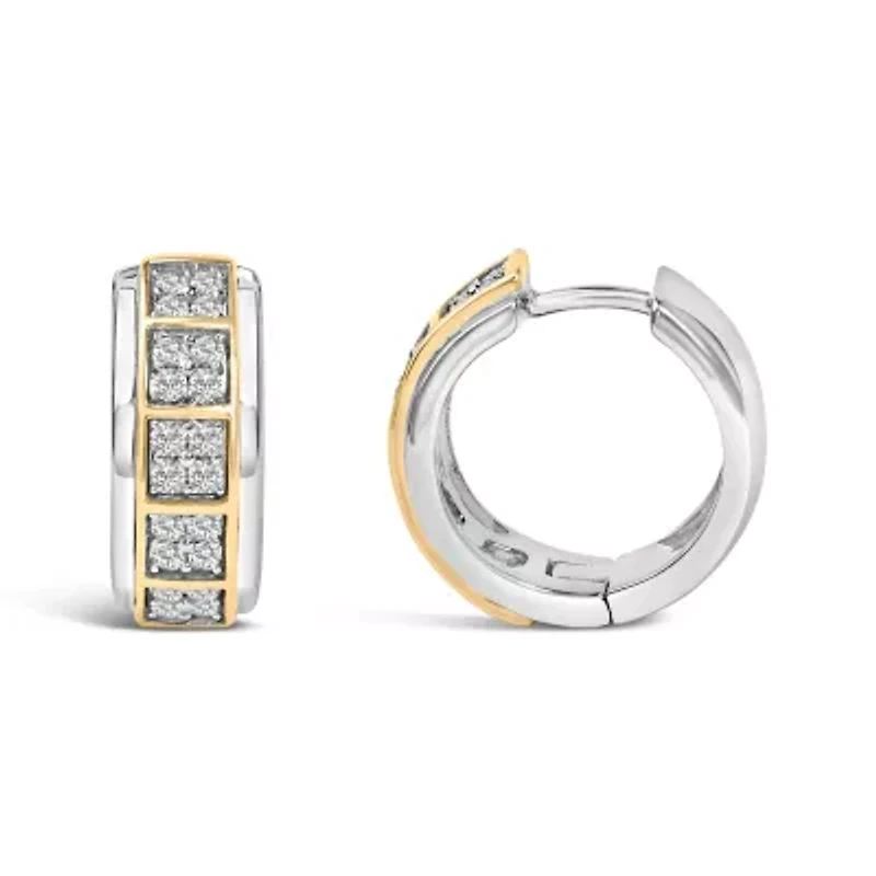 Two Tone Silver 1/2 Cttw Diamond Square Box Huggie Hoop Earrings
