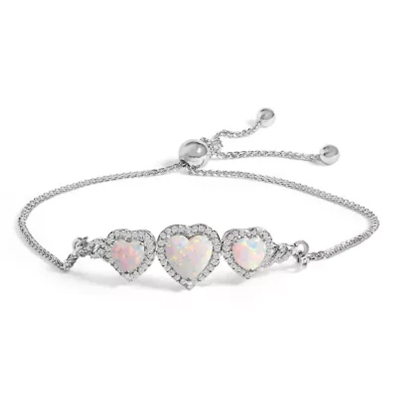 Lab Created Silver Created Opal Triple Heart and White Sapphire Bolo Bracelet