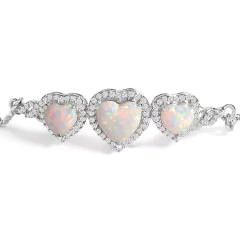Lab Created Silver Created Opal Triple Heart and White Sapphire Bolo Bracelet
