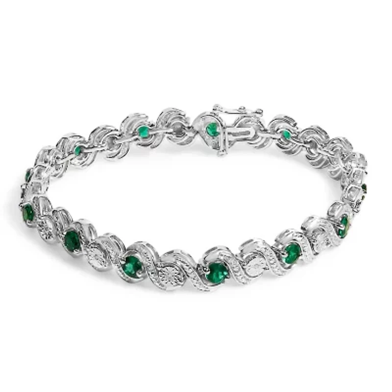 Silver Created Emerald and Diamond Twist S Link Bracelet