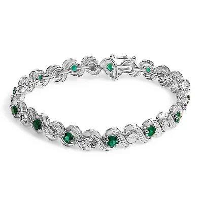 Silver Created Emerald and Diamond Twist S Link Bracelet